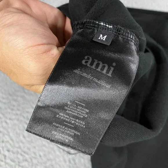 AMI Polo Shirt Mens Medium Short Sleeve Black Mesh Knit Logo - Picture 4 of 10